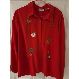 Blair Womens Red Button Up Shirt Long Sleeve Christmas Santa Candy Cane XLG